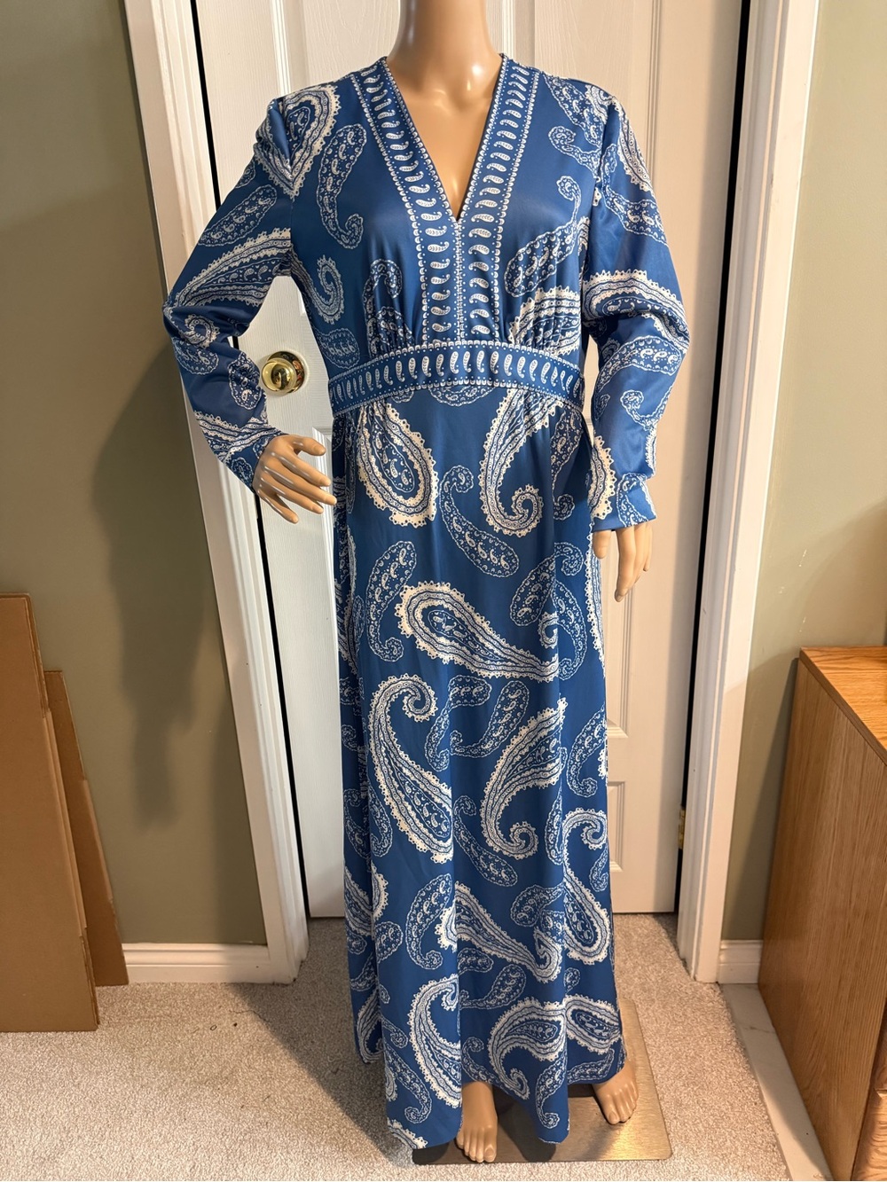 Vintage 70s Hal German Maxi Dress M Blue Paisley Hostess Hippie Union Label